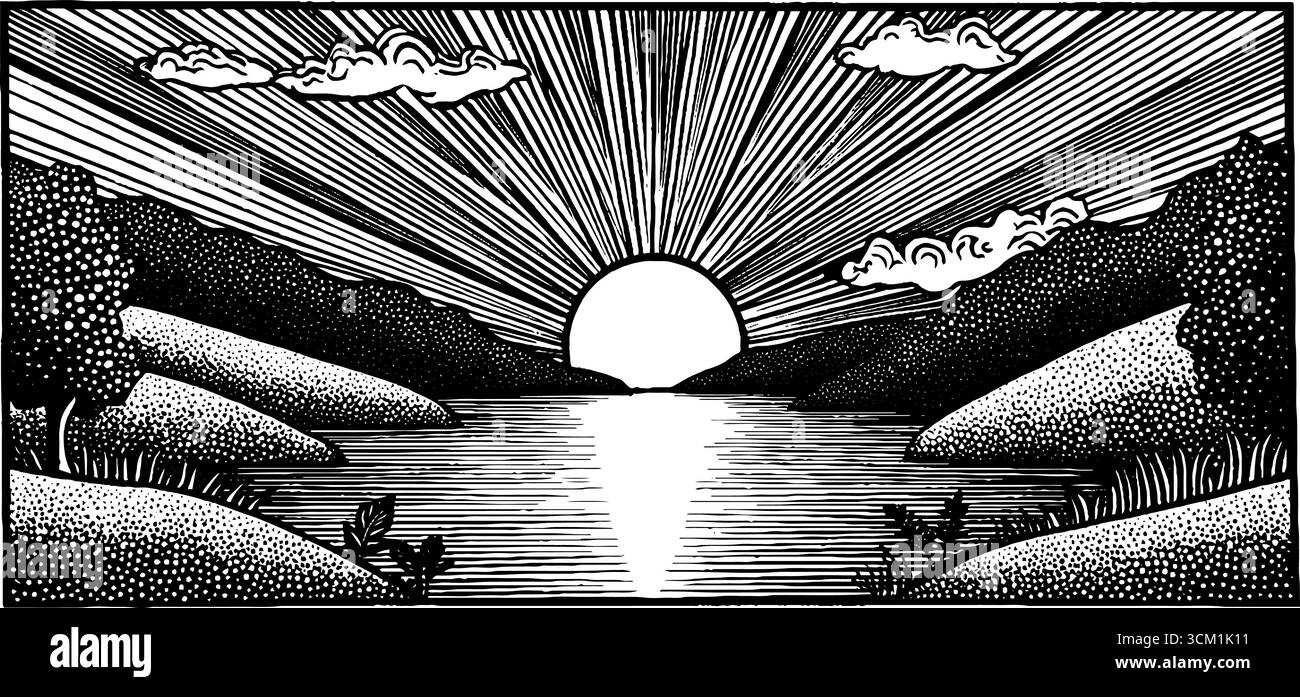 Sereno tramonto sulla riva del fiume con uomo dalla silhouette sagomata che pesca in bianco e nero. Illustrazione Vettoriale