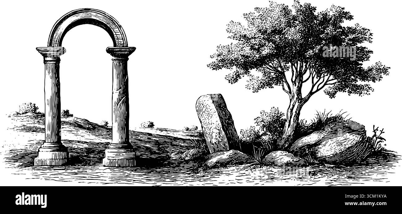 Arco del cimitero vintage e schizzo della cripta inclinata per un design retrò. Illustrazione Vettoriale
