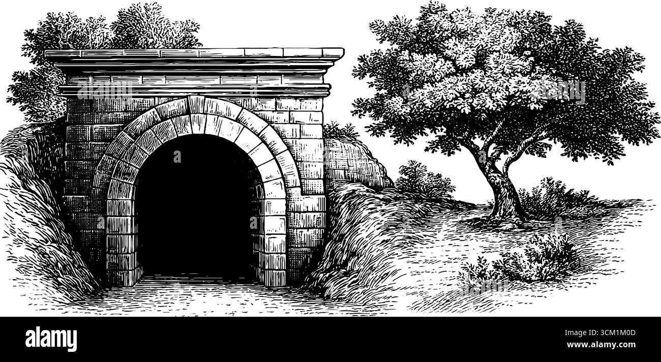 Schizzo vintage dell'ingresso sotterraneo del tunnel con staffa della torcia. Illustrazione Vettoriale