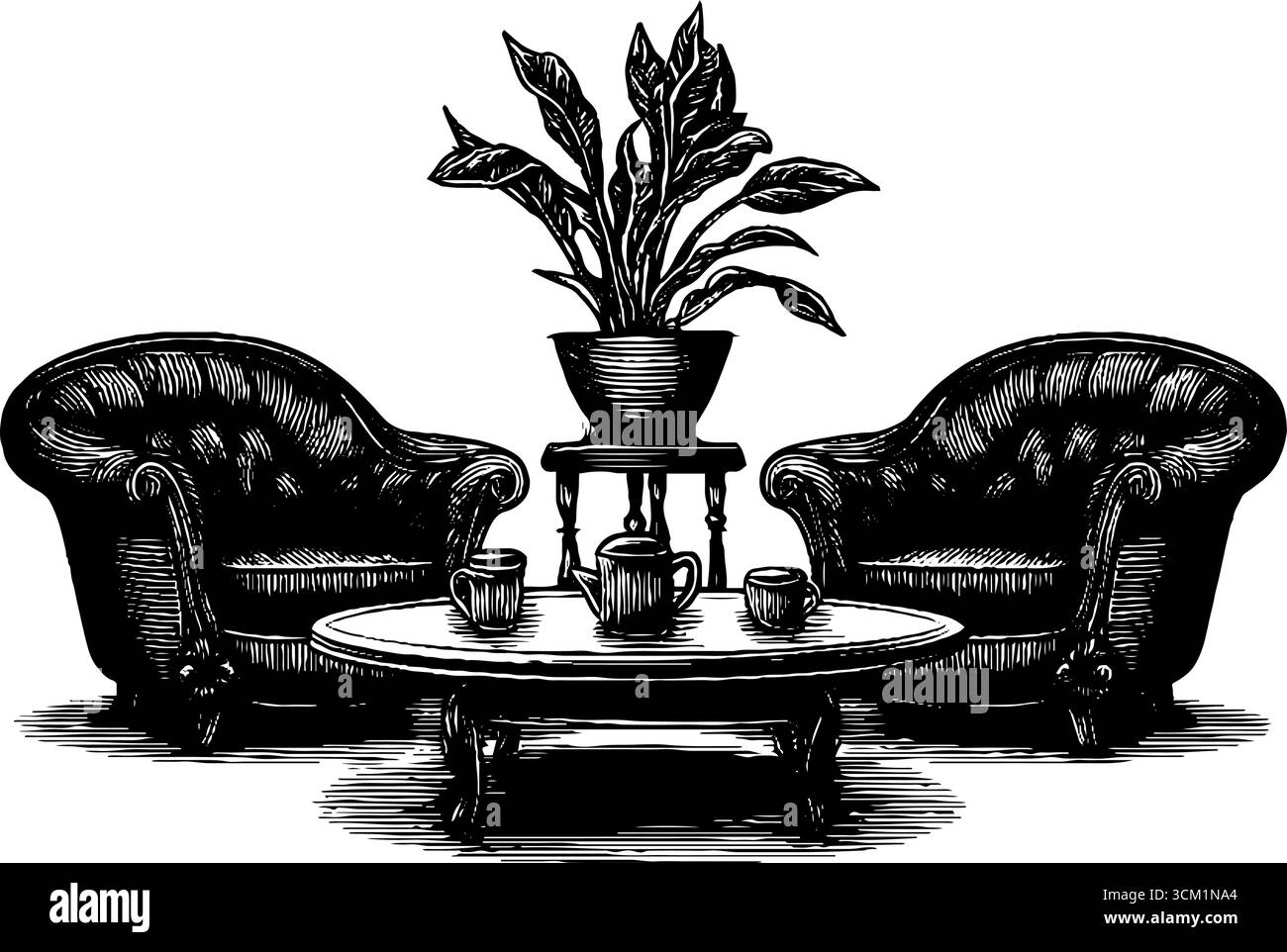 Soggiorno Art Nouveau con mobili incisi e piante in vaso per progetti d'arredo vintage. Illustrazione Vettoriale