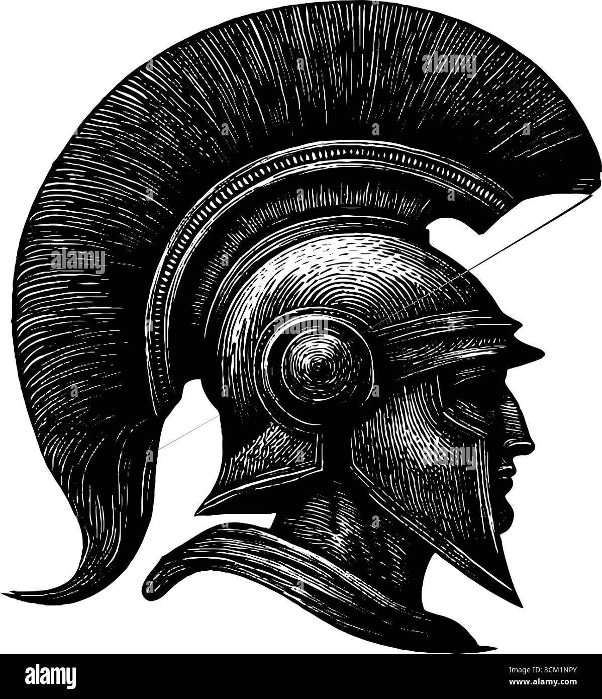 Illustrazione incisa di un elmetto scultoreo in bronzo, un'antica arte guerriera per poster e stampe. Illustrazione Vettoriale