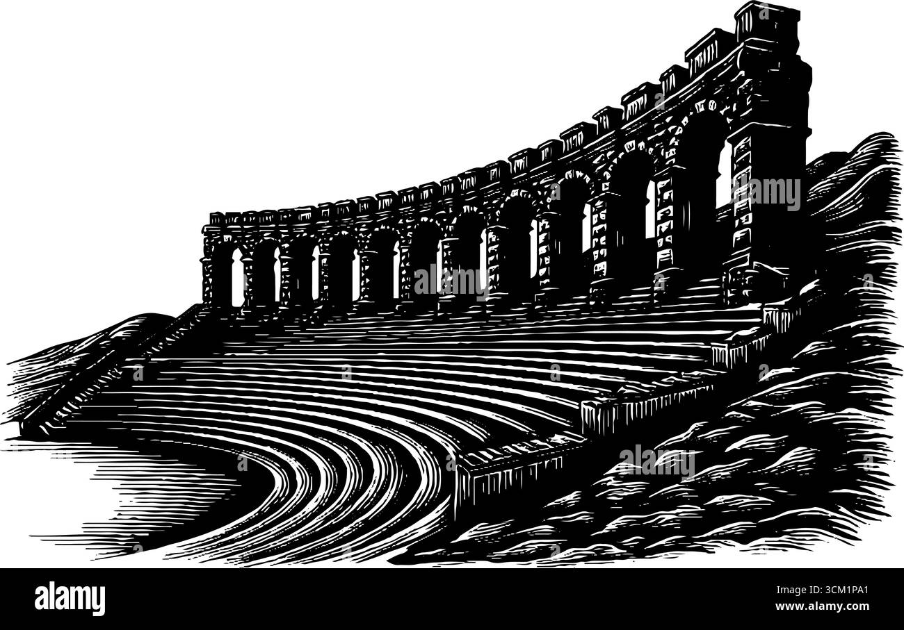 Incisione vintage disegnata a mano con la silhouette delle rovine dell'anfiteatro per progetti di design retrò. Illustrazione Vettoriale