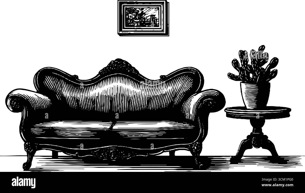Elegante soggiorno art nouveau con divano vintage e arredi da tavolo. Illustrazione Vettoriale