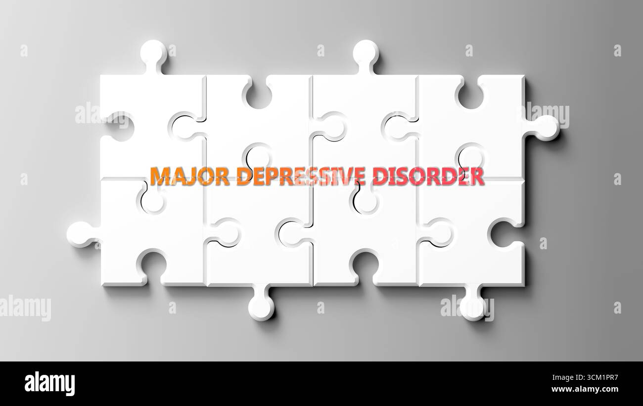 Grave disturbo depressivo come argomento complesso, legato a importanti argomenti che si diffondono come una nuvola di parole. Foto Stock