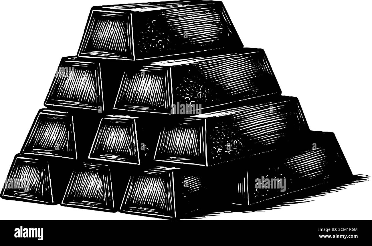 Illustrazione incisa di lingotti d'oro impilati - design vintage per la stampa. Illustrazione Vettoriale