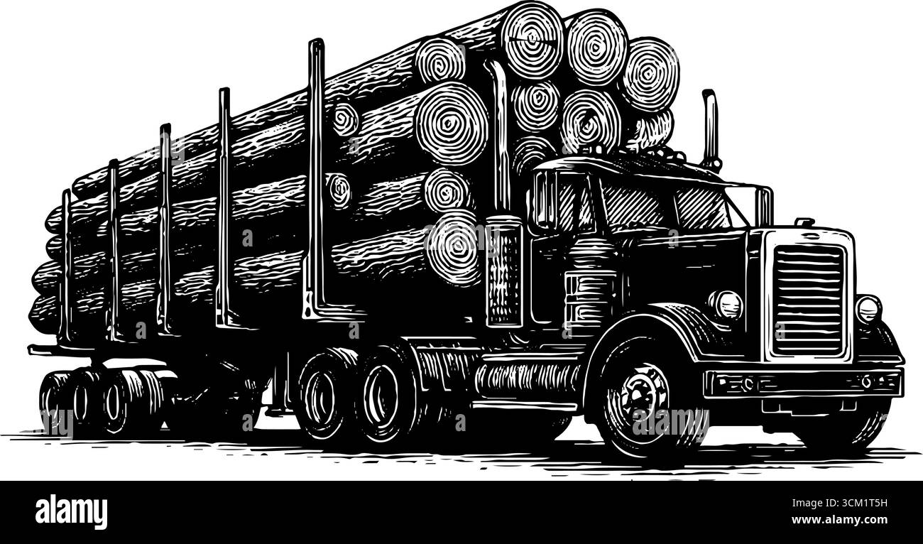 Incisione su camion per tronchi d'epoca - design di trasporto rétro per poster ed etichette. Illustrazione Vettoriale