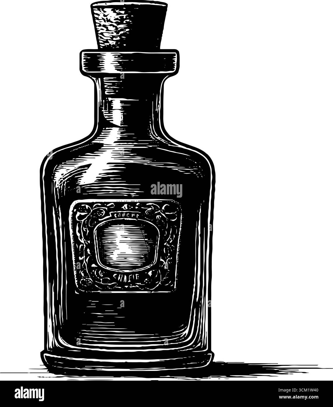 Bottiglia in vetro vintage con incisione e sughero - illustrazione disegnata a mano per un design retrò. Illustrazione Vettoriale