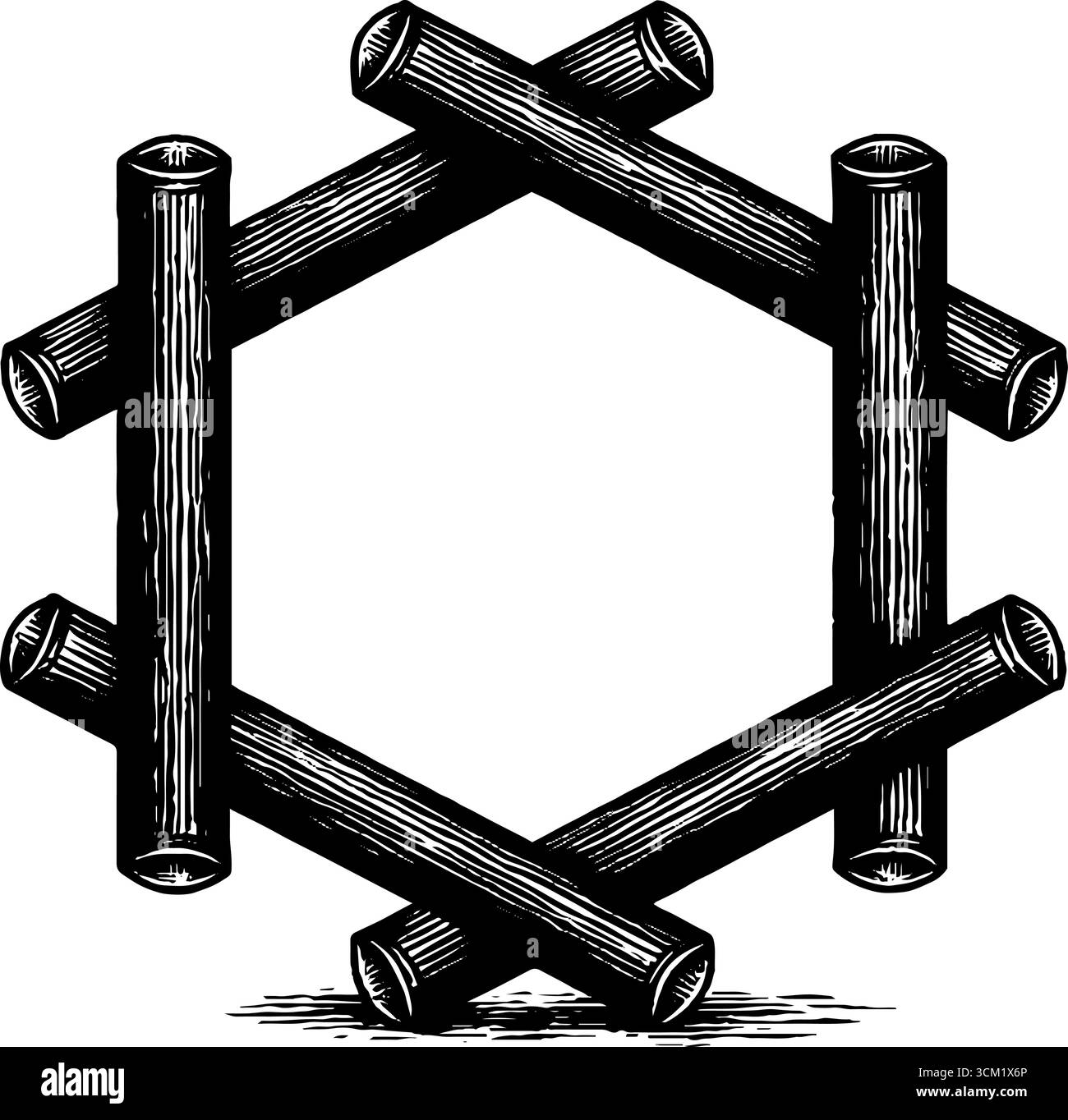 Montatura esagonale con incisione vintage per progetti artistici e decorazioni. Illustrazione Vettoriale