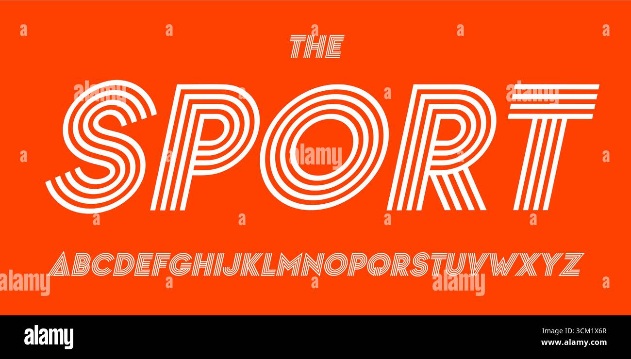 Alfabeto a righe multiple, font con logo a righe, font sportivo geometrico minimalista con linee per sport, digitale, branding architettonico, headline e. Illustrazione Vettoriale