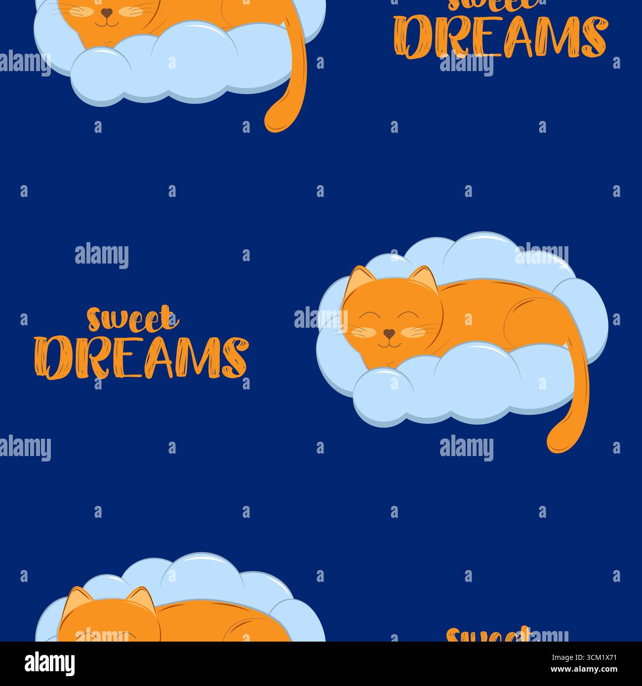 Disegno vettoriale a mano senza cuciture. Sfondo carino con luna sorridente addormentata, stelle, nuvole. Cielo notturno, stampa baby nei colori blu scuro Illustrazione Vettoriale