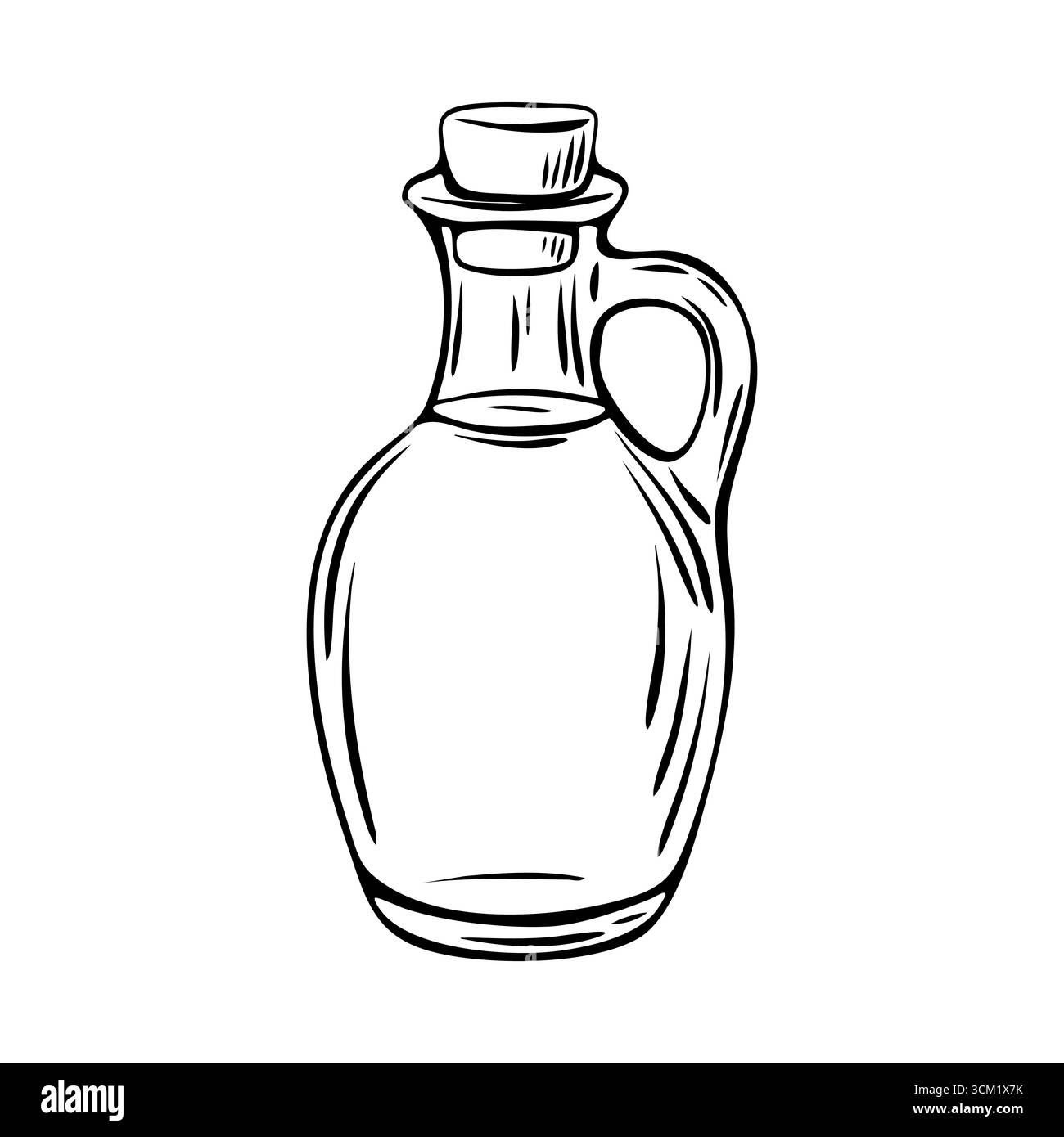Disegno vettoriale bianco e nero di una bottiglia di olio d'oliva in stile incisione mediterranea. Ideale per imballaggi, etichette e marchi alimentari. Illustrazione Vettoriale