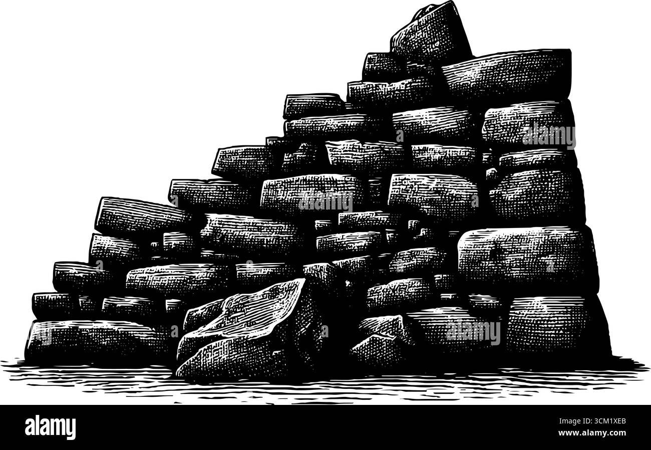 Illustrazione incisa dell'antica parete in pietra inca per il design storico e culturale. Illustrazione Vettoriale