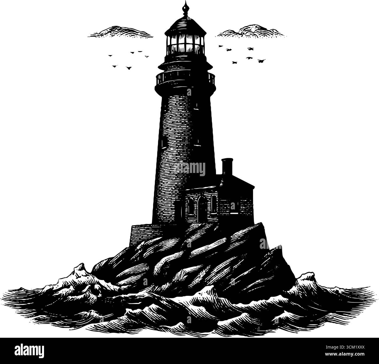 Illustrazione incisa del faro sulla scogliera rocciosa - design a tema nautico per stampe e poster. Illustrazione Vettoriale