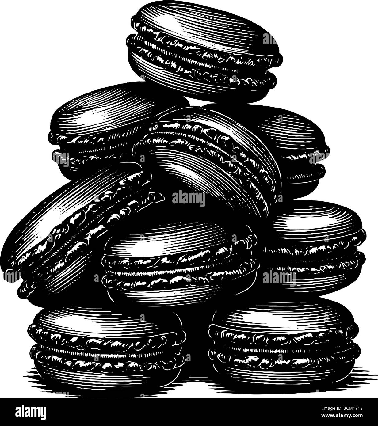 Incisione vintage di macaron sovrapposti per un design e una decorazione retrò. Illustrazione Vettoriale