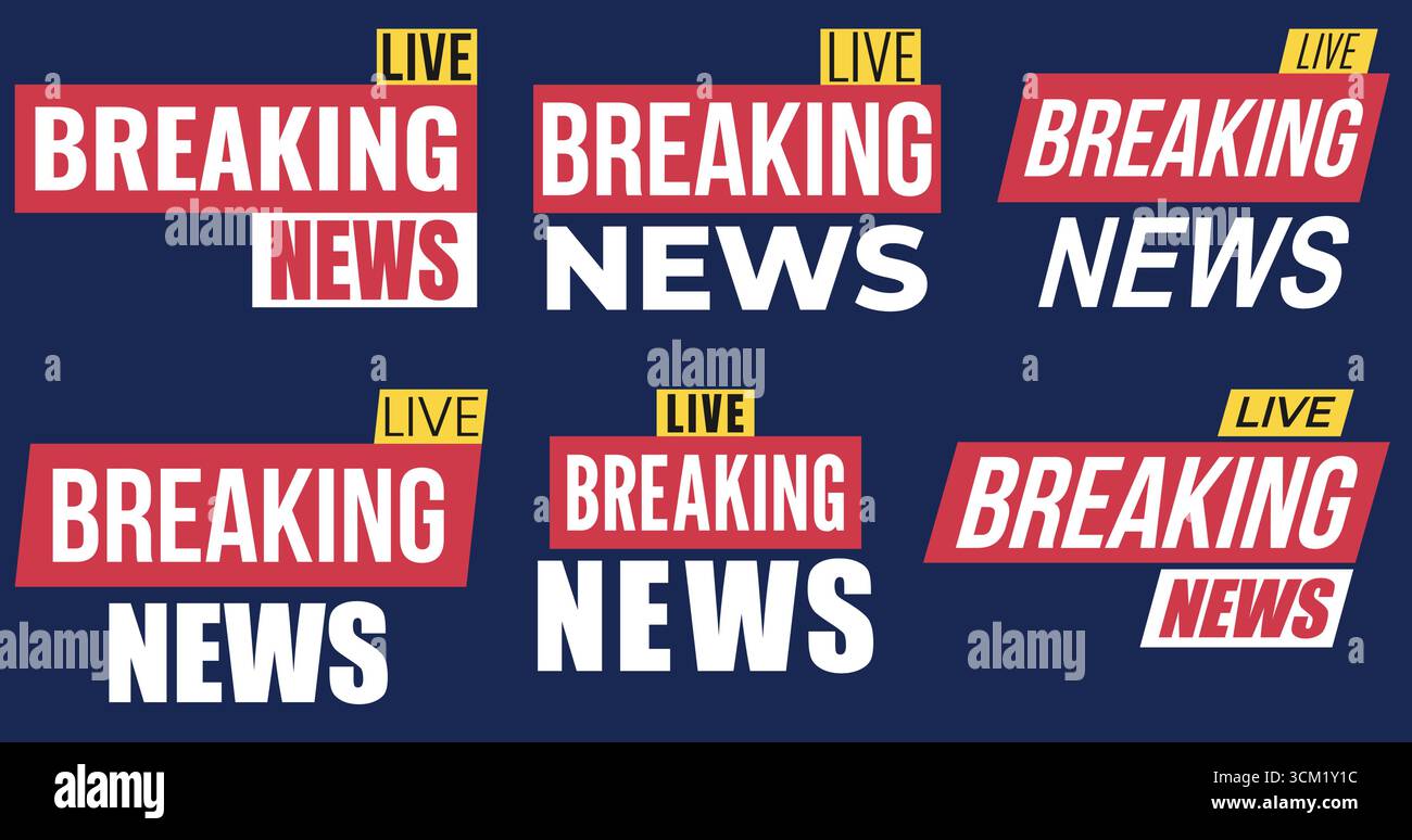 Una raccolta di etichette Modern Live Breaking News in rosso, bianco e giallo su sfondo scuro, perfette per trasmissioni TV, avvisi sui social media e d Illustrazione Vettoriale