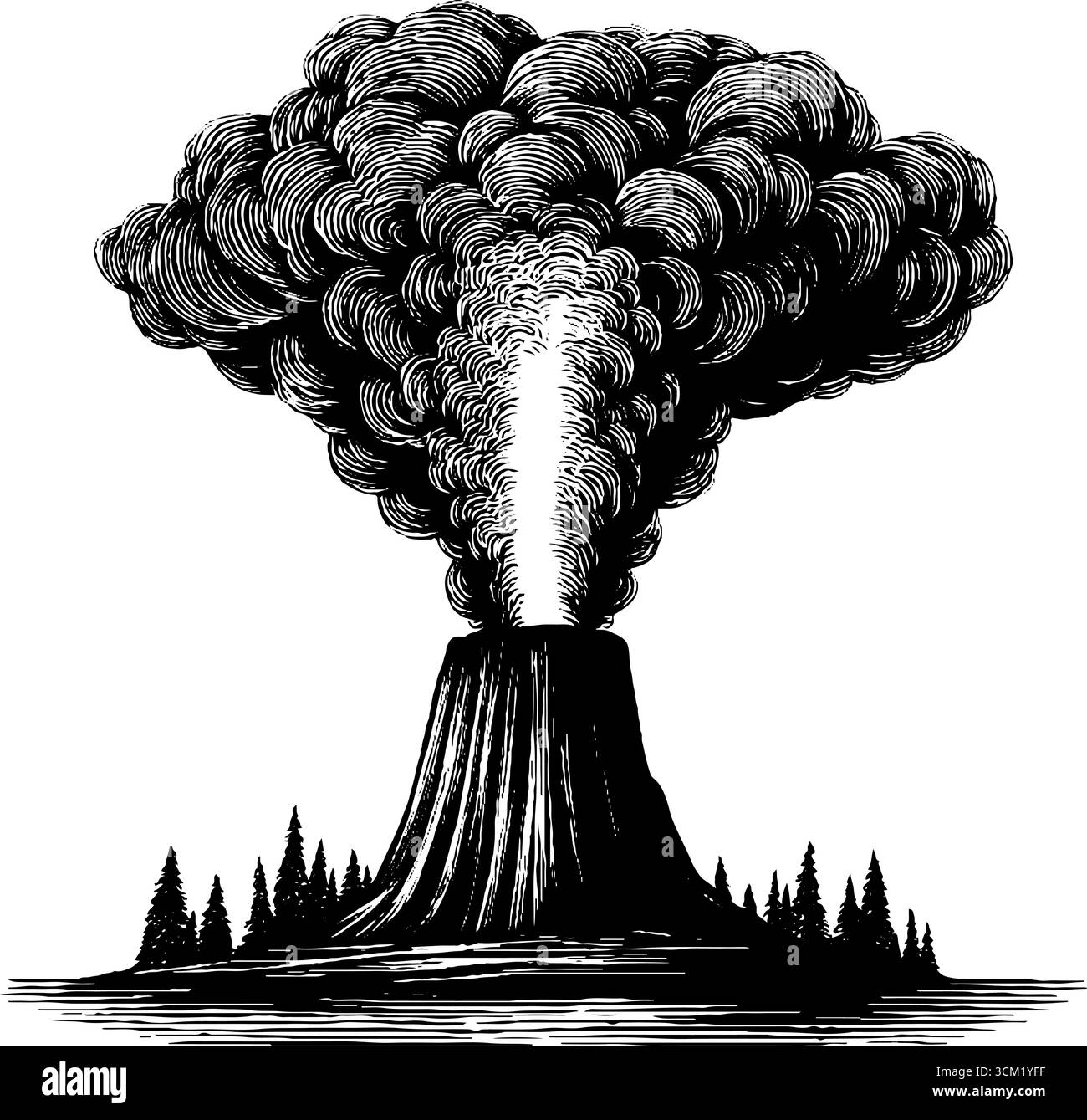 Silhouette incisa di geyser in eruzione nel mezzo della foresta per un design retrò. Illustrazione Vettoriale