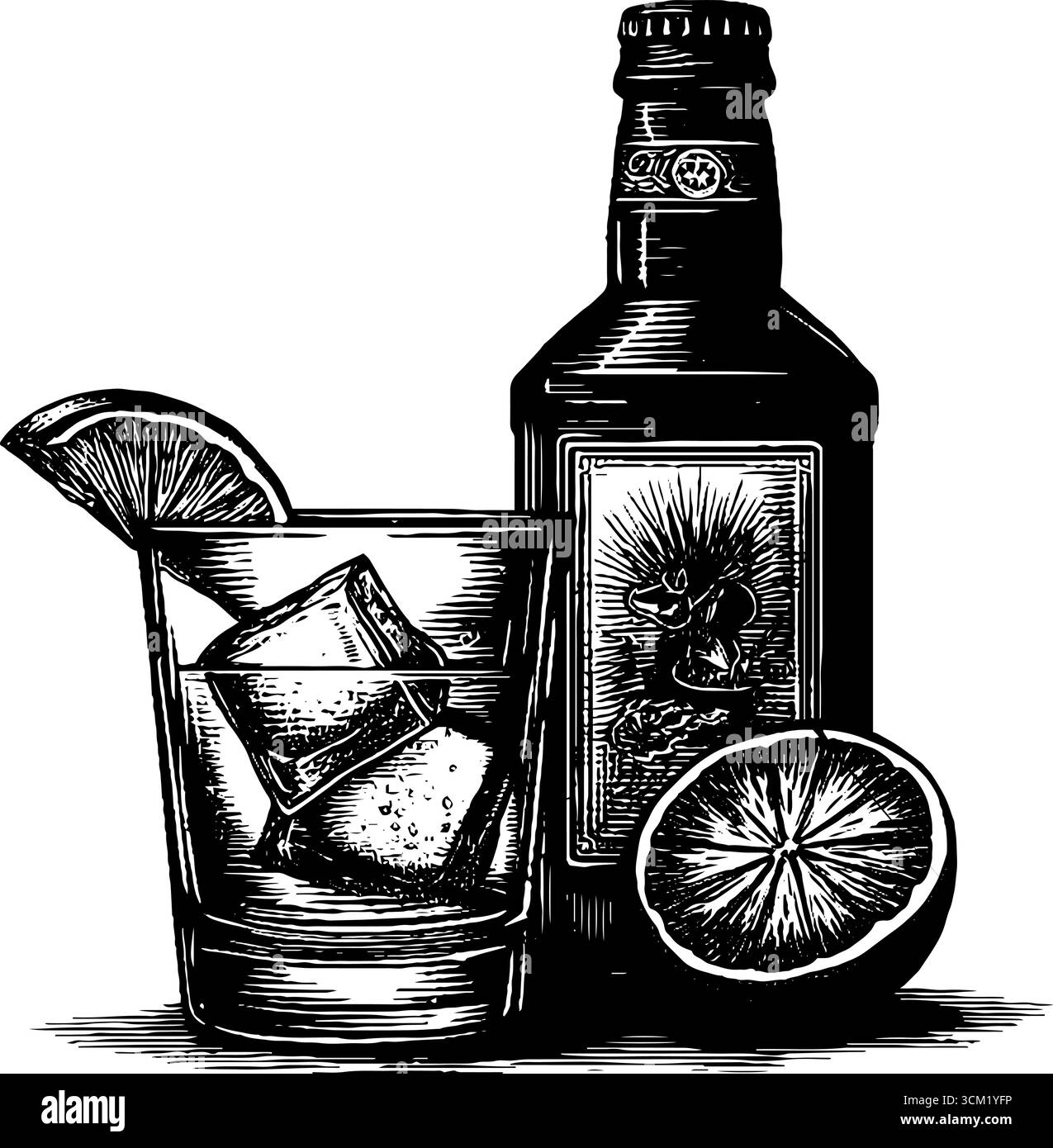 Illustrazione vintage incisa di gin e vetro tonico con bottiglia e guarnizione di agrumi per il design del menu da bar. Illustrazione Vettoriale