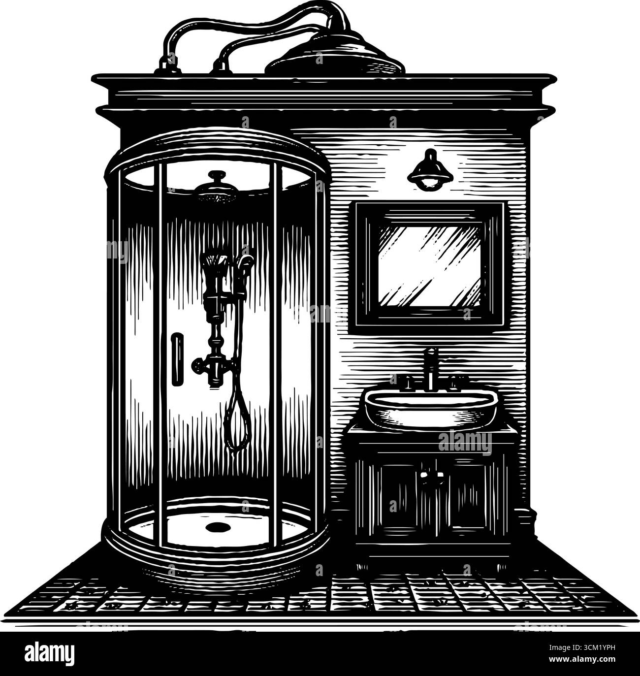 Illustrazione vintage incisa del bagno moderno con doccia in vetro. Illustrazione Vettoriale