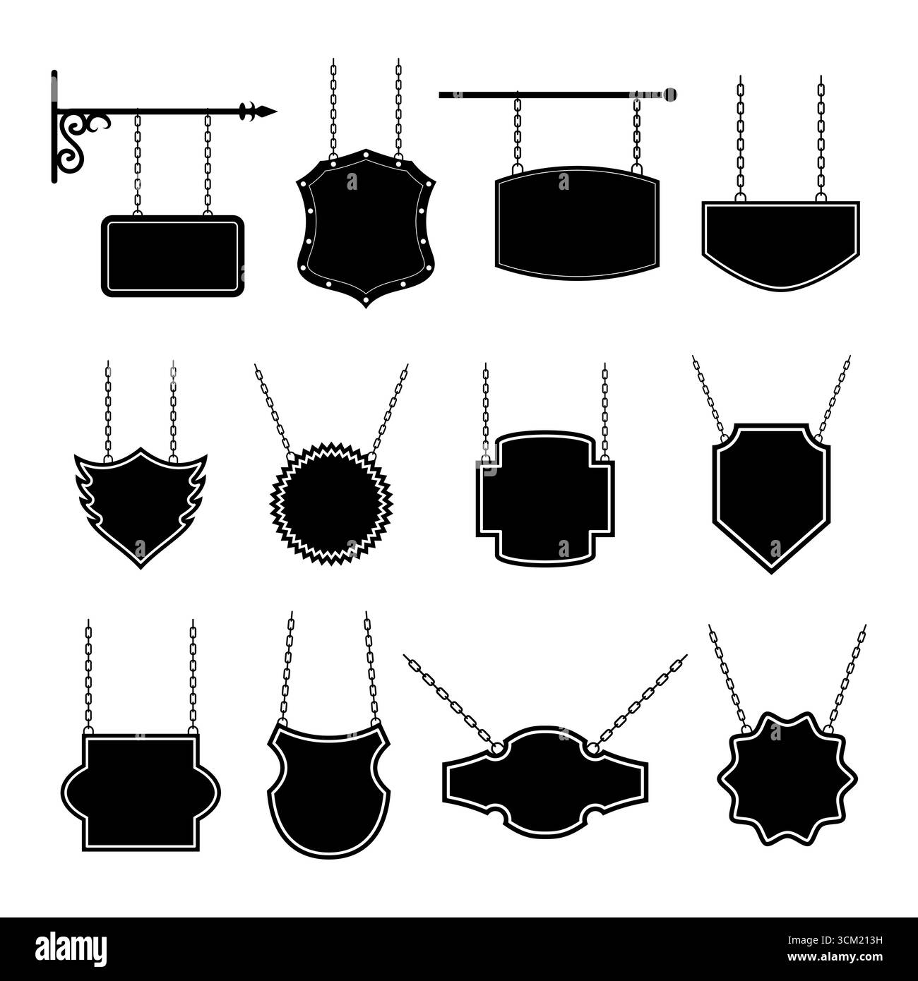 Set di silhouette Vintage da appendere con le catene. Illustrazione vettoriale. Una collezione di esclusive silhouette vintage per cartellonistica. Illustrazione Vettoriale