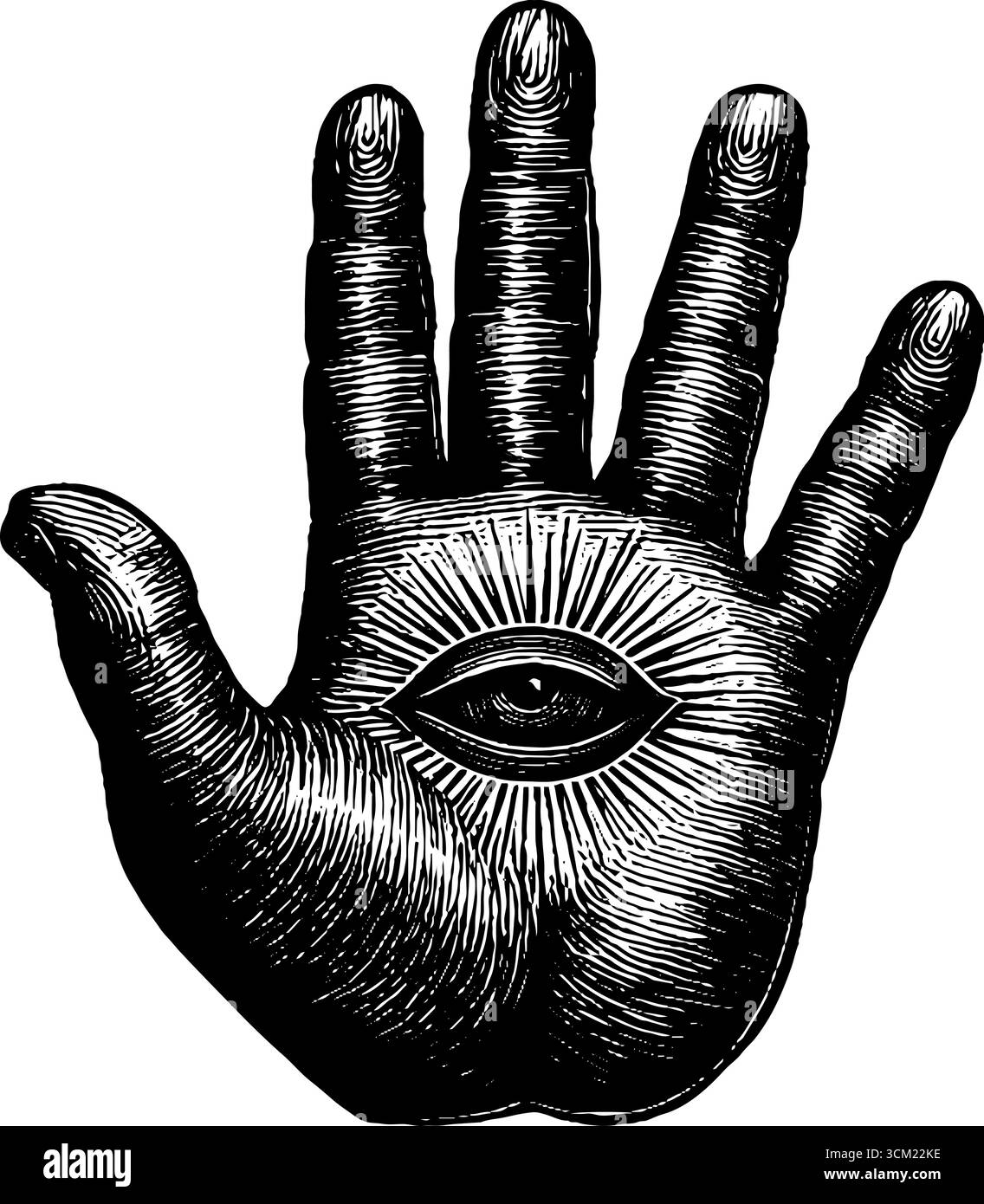 Mano mistica con illustrazione incisa sull'occhio per un design retrò e temi spirituali. Illustrazione Vettoriale