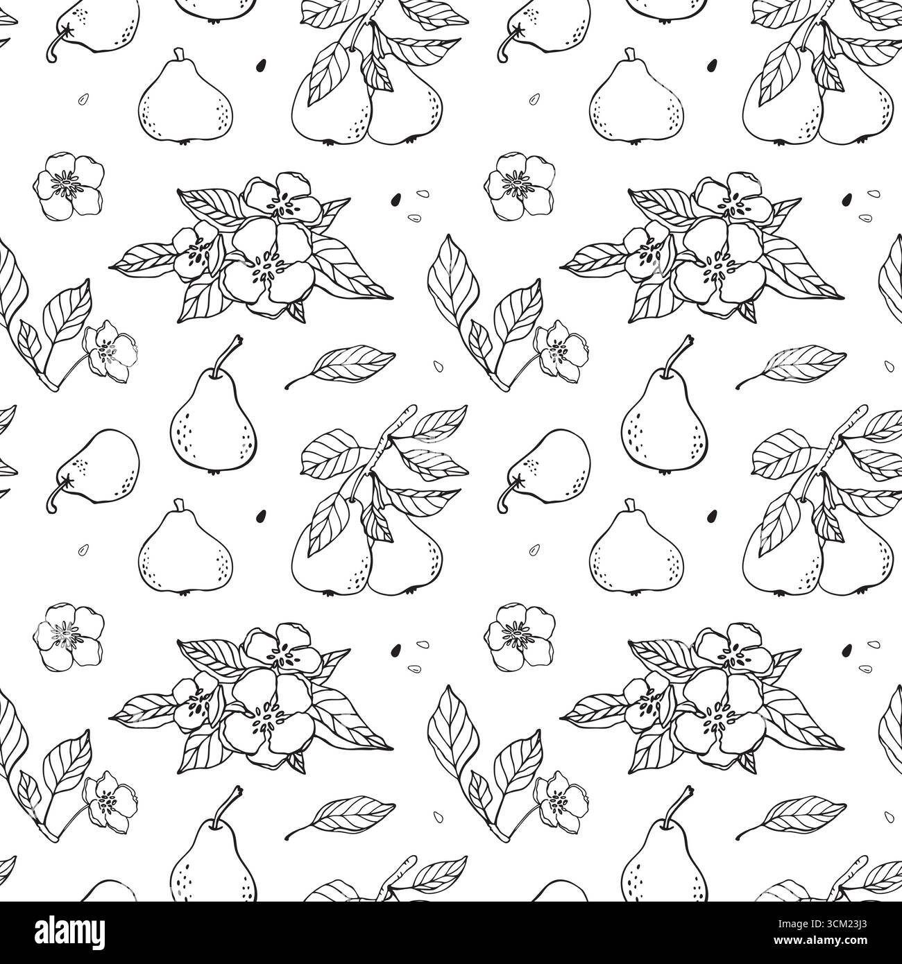 Delizioso motivo vettoriale floreale senza cuciture con pere e frutta. Scarabocchio disegnato a mano. Per imballaggio, carta da imballaggio, design di cucine, sfondo alimentare. Nero Illustrazione Vettoriale