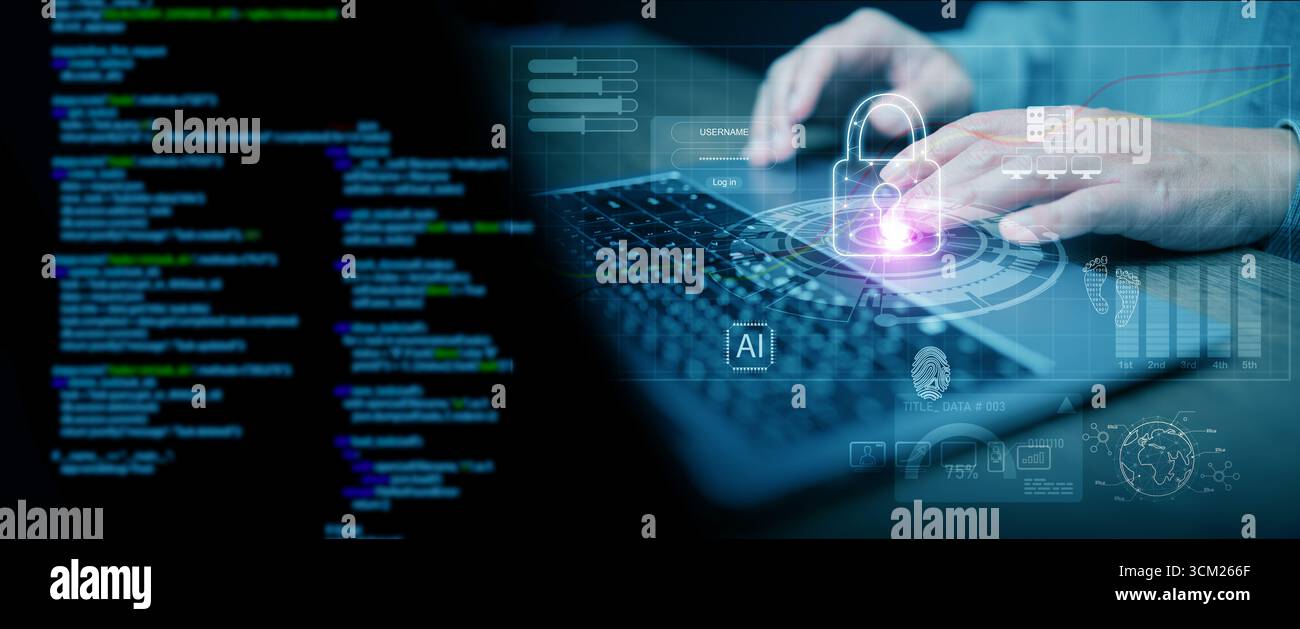 Mani che utilizzano laptop con lucchetto ologramma e codice di programmazione, simbolo della difesa informatica, crittografia dei dati, accesso sicuro, protezione della tecnologia, online Foto Stock