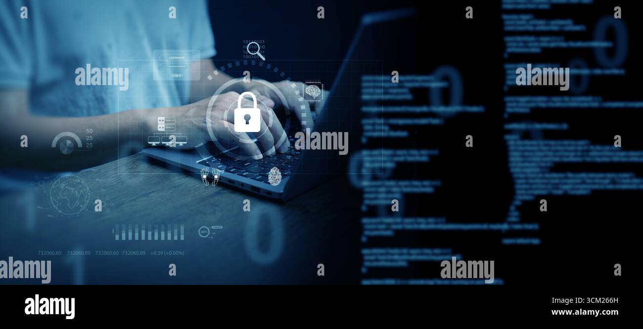 Ologramma del lucchetto digitale e del codice informatico che rappresenta la cibersicurezza, la protezione delle tecnologie, la privacy online, la prevenzione degli attacchi informatici, l’accesso sicuro ai dati, Foto Stock
