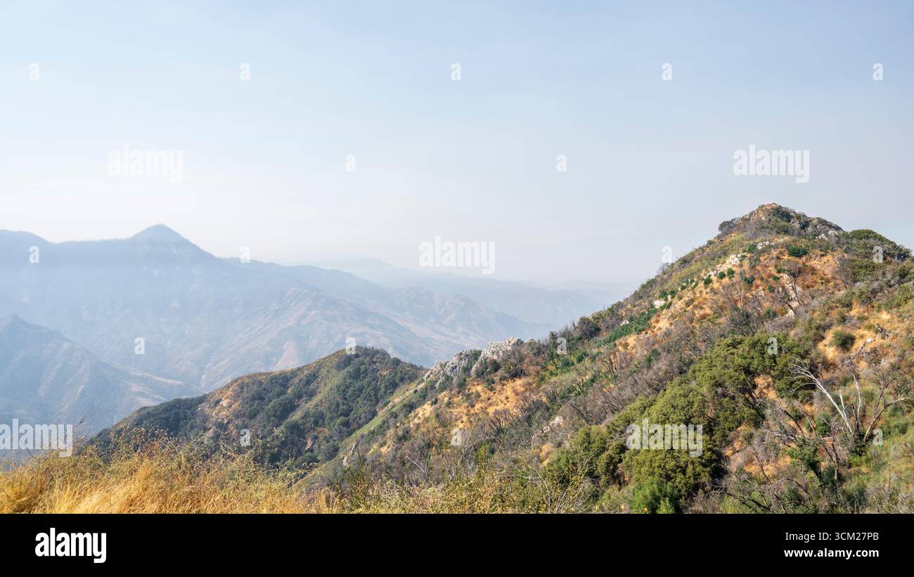 Vista delle vette della catena montuosa della Sierra Nevada, California, Stati Uniti. I picchi distand sono nebbiosi alla luce del sole, con copertura di pino Foto Stock