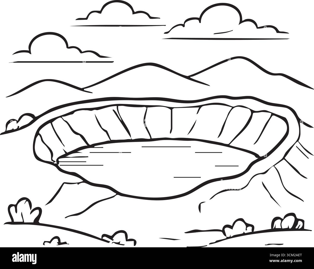 Un'ampia scena con un cratere circolare o un bacino in primo piano con colline e nuvole lontane Illustrazione Vettoriale