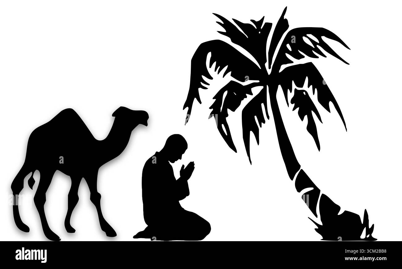 Silhouette Vector of Man che prega con cammello e palme nel deserto Illustrazione Vettoriale