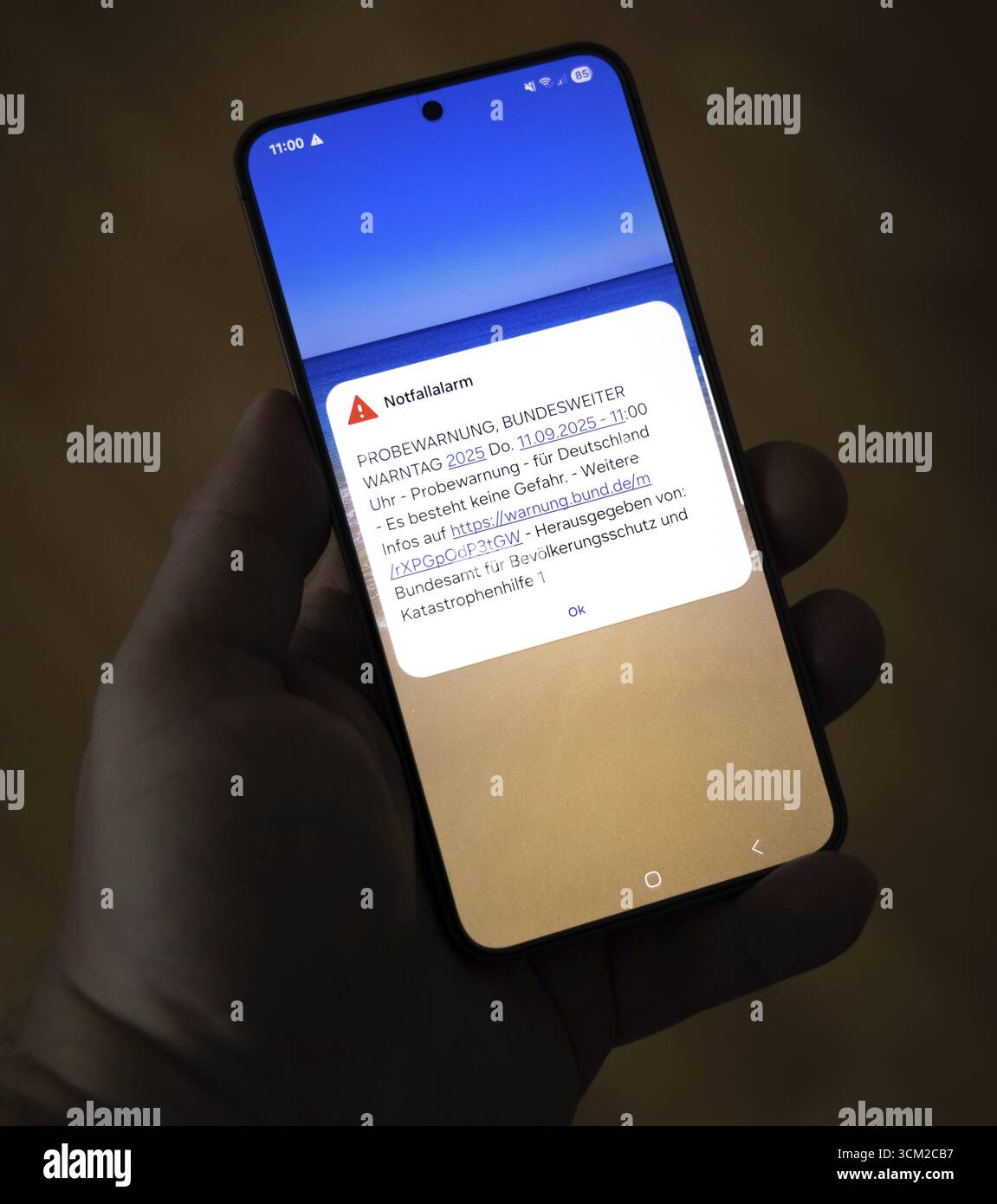 L'11 settembre 2025 alle 11:00, un avvertimento di prova appare su uno smartphone, emesso dall'Ufficio federale di protezione civile assistenza in caso di disastro, Fran Foto Stock