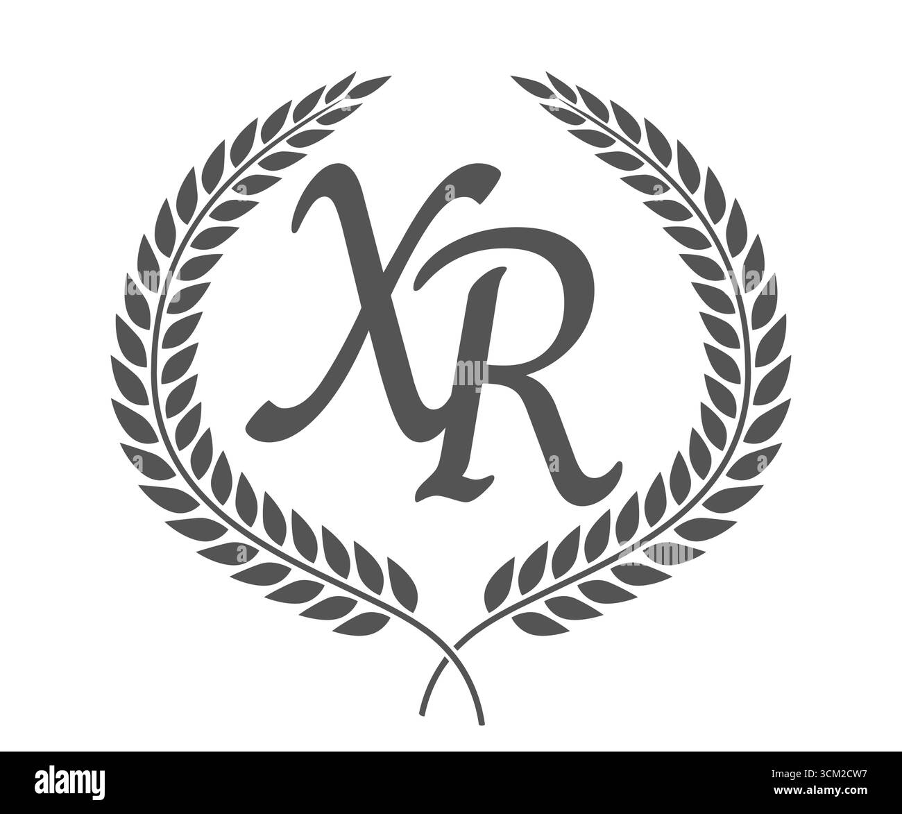 Lettera iniziale X e R, logo monogramma XR con corona in alloro. Emblema di lusso con carattere calligrafico. Illustrazione Vettoriale