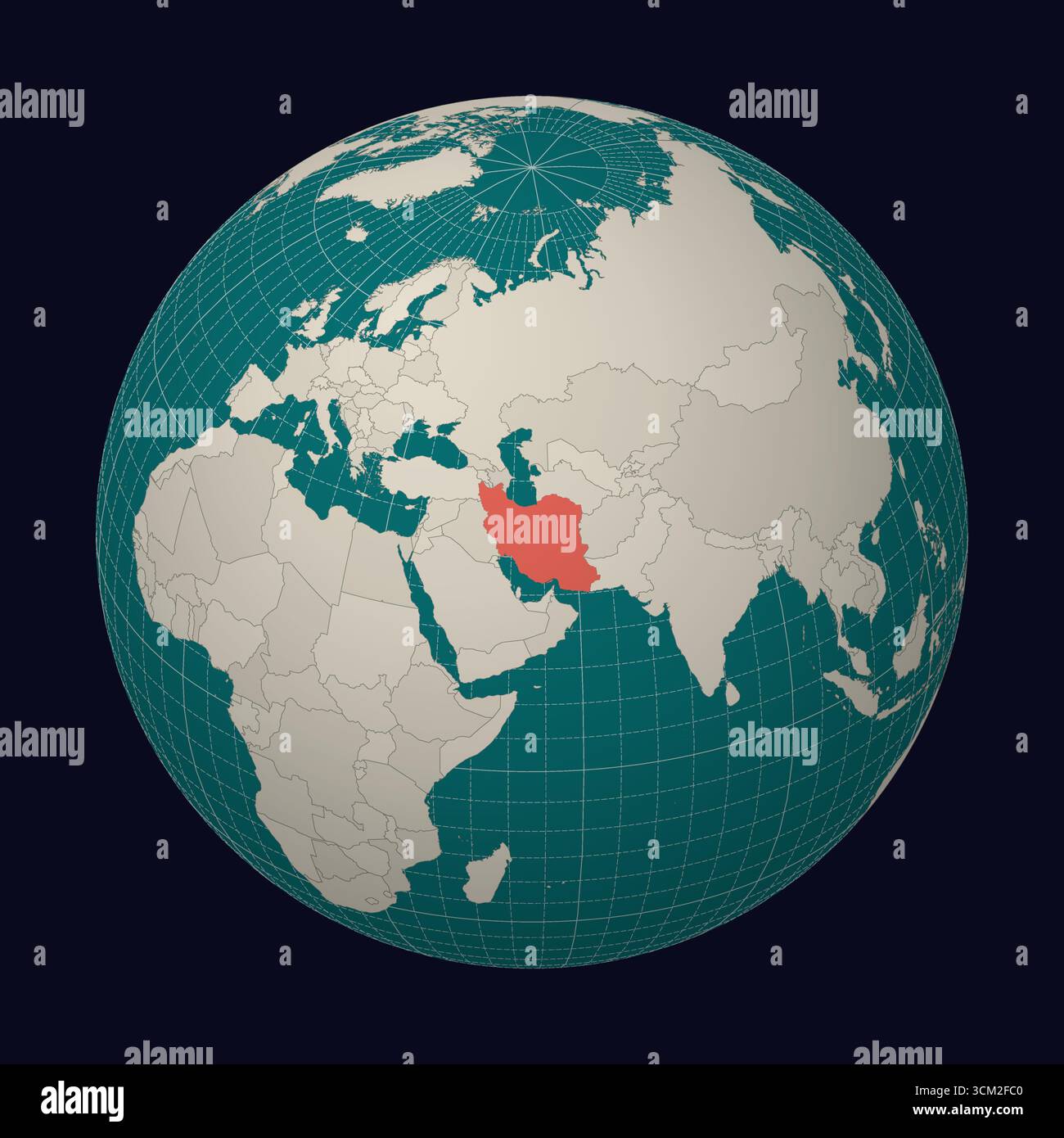 Repubblica Islamica dell'Iran sulla mappa. Globo centrato sull'Iran. Posizione del paese sulla mappa del mondo. Tavolozza colori color Menta pallido. Illustrazione Vettoriale