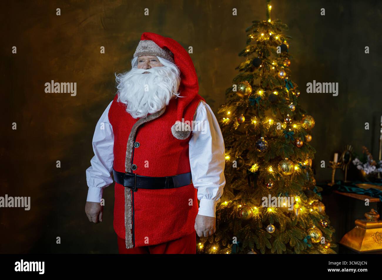 Babbo Natale autentico in classico abito rosso accanto a un albero decorato con luci accese e ampio spazio per le copie delle campagne di vacanza Foto Stock