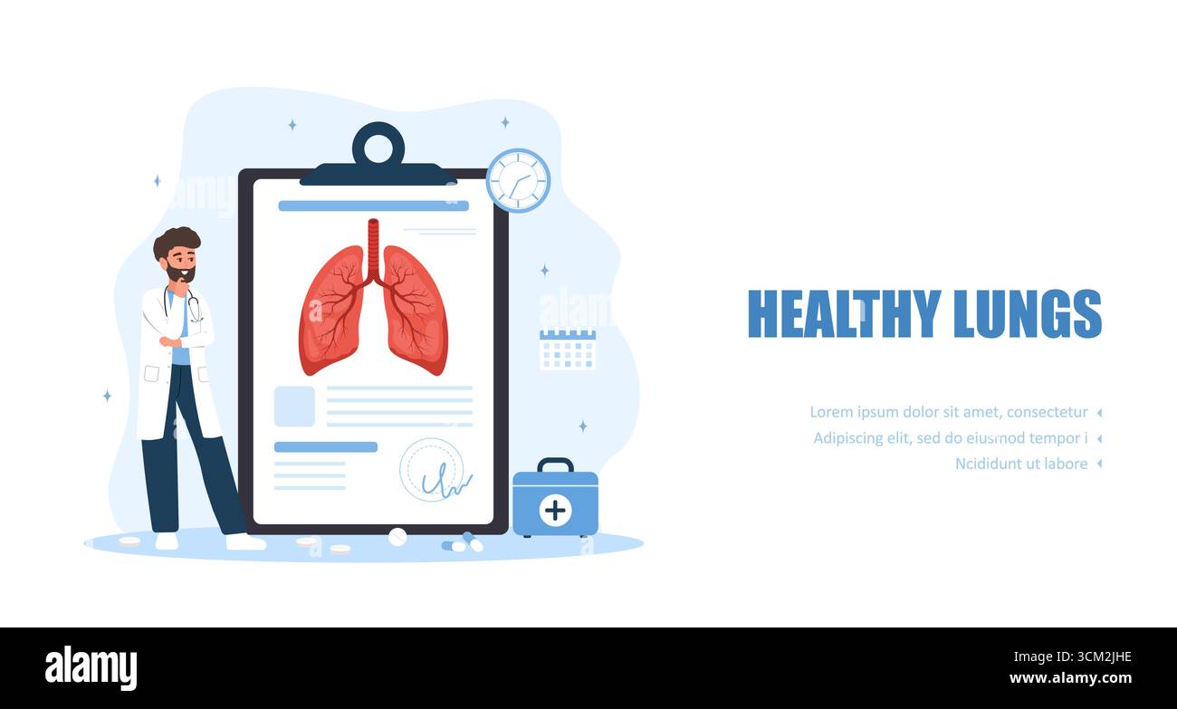 Concetto di polmonologo. Diagnosi e trattamento medico dei polmoni. Malattie dell'apparato respiratorio e assistenza sanitaria. Medico maschile. Illustrazione del vettore piatto Illustrazione Vettoriale