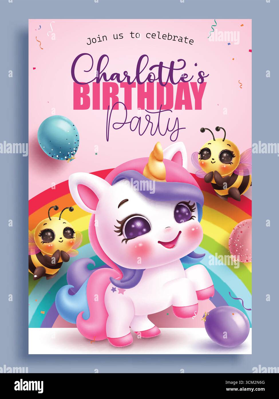 Modello poster clipart tessera di invito compleanno. Simpatico unicorno e ape personaggio per bambine di invito modello clip art in arcobaleno rosa Illustrazione Vettoriale