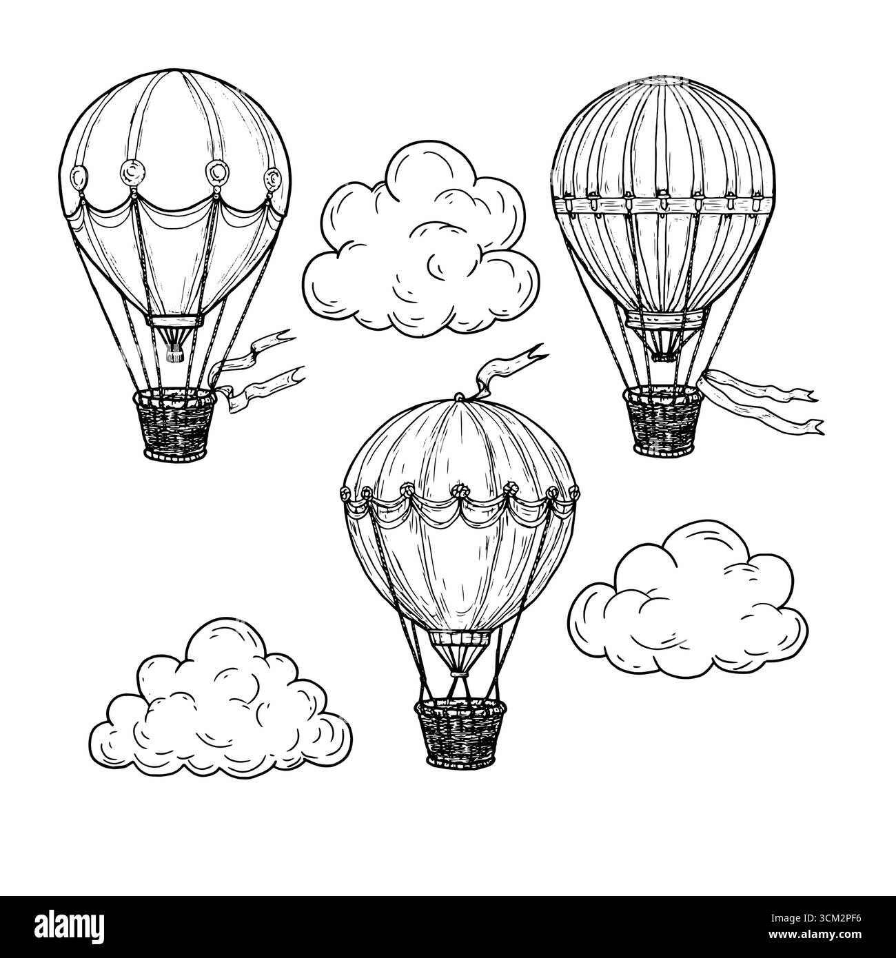 Palloncino con cestello in vimini, schizzo in inchiostro bianco e nero. Illustrazione vettoriale. Palloncino con nastri, impostato, isolato su uno sfondo bianco. Per cartolina Illustrazione Vettoriale