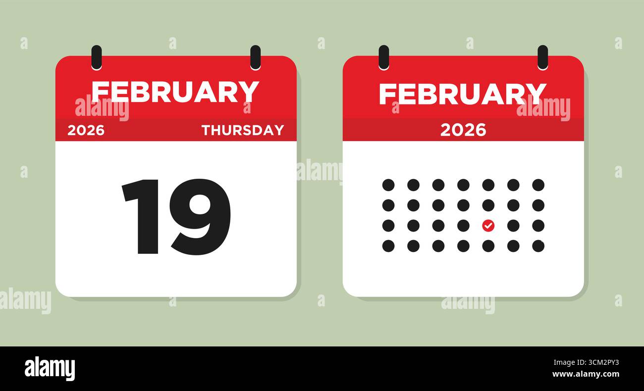19 febbraio 2026 illustrazione vettoriale della pagina del calendario di giovedì. Pagina del calendario del 19 febbraio. Calendario giornaliero con data 19 febbraio. La settimana inizia domenica. Illustrazione Vettoriale