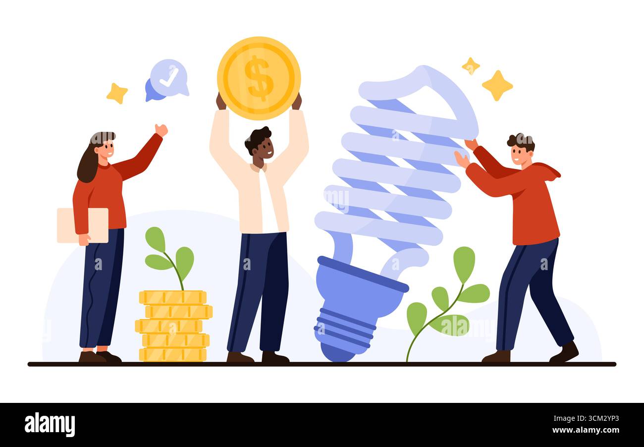 Lavoro di squadra per il risparmio energetico e la riduzione dei costi con il concetto di lampadine ecocompatibili e di persone, monete e risparmio energetico per sostenibilità e vantaggi finanziari isolati su sfondo bianco Illustrazione Vettoriale