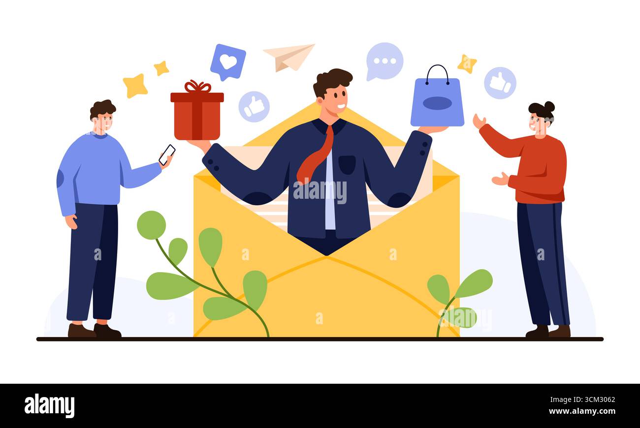L'uomo d'affari che emerge dalla busta con regali, borse della spesa e icone social rappresenta l'e-mail marketing, la newsletter del marchio, il coinvolgimento dei clienti e l'illustrazione dei vettori di comunicazione digitale Illustrazione Vettoriale