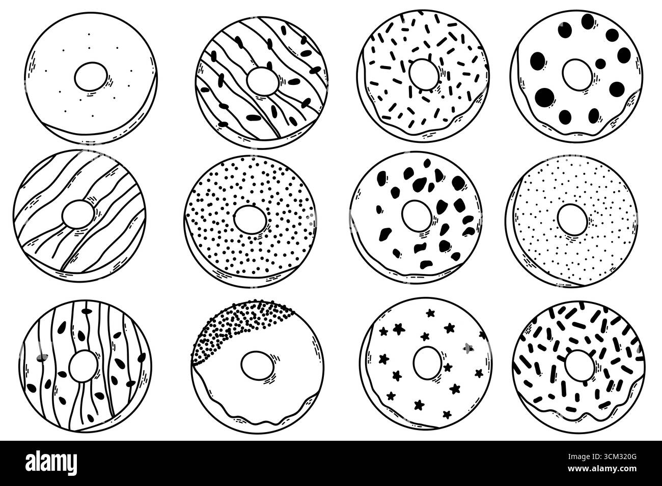 Collezione di disegni a forma di ciambella disegnati a mano con diversi motivi decorativi Illustrazione Vettoriale