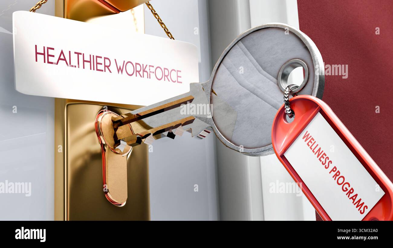 I programmi benessere portano a una forza lavoro più sana: È la chiave per sbloccare una forza lavoro più sana. Una metafora della chiave della porta Foto Stock