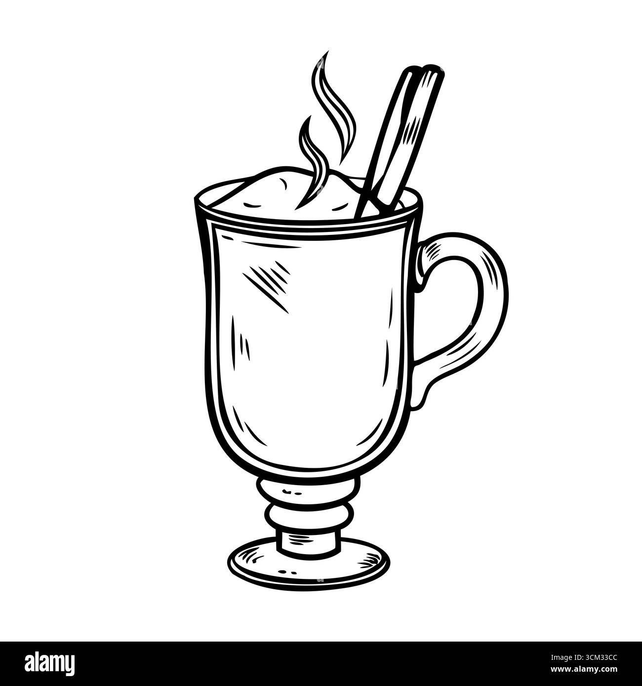 Illustrazione disegnata a mano di una bevanda calda in una tazza di vetro. La bevanda è condita con panna montata e guarnita con un bastoncino di cannella. Il vapore sale Illustrazione Vettoriale