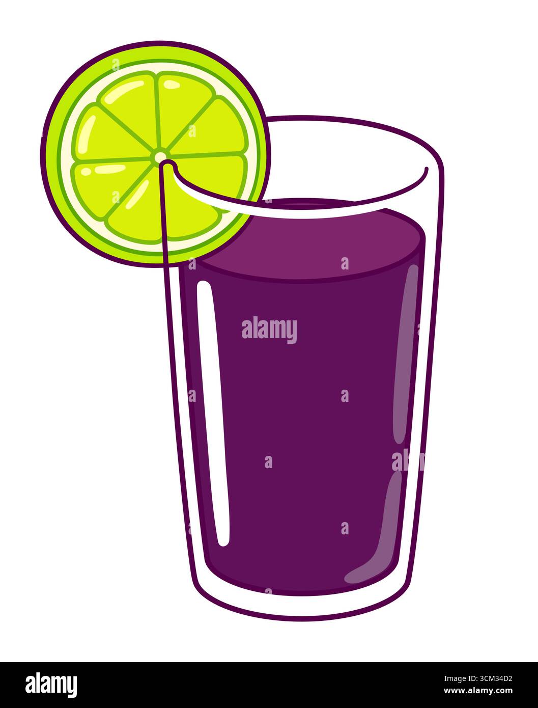 Bicchiere di chicha morada con fetta di lime. Bevanda tradizionale a base di mais viola proveniente dal Perù. Illustrazione grafica di clip vettoriali cartoni animati, grazioso disegno a doodle. Illustrazione Vettoriale