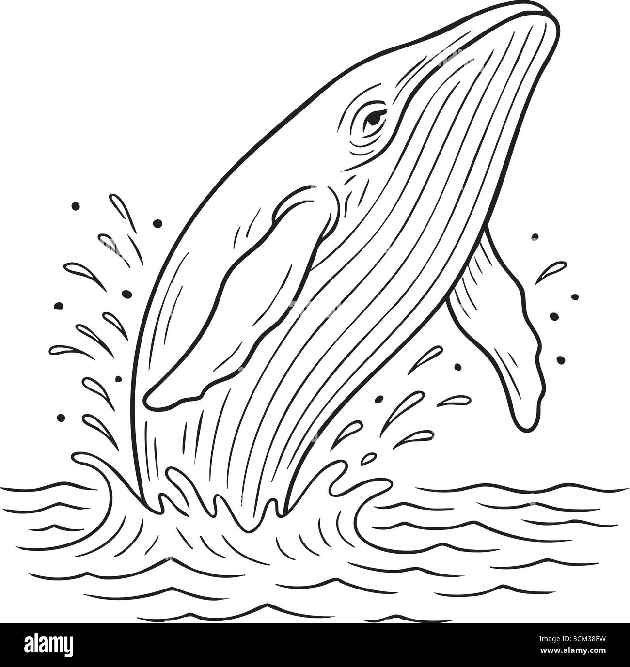 Una potente balena emerge dal mare inviando spruzzi d'acqua verso l'esterno catturati con linee monocromatiche nitide Illustrazione Vettoriale