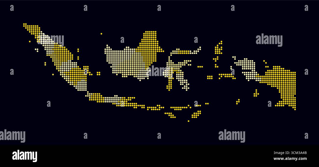 Mappa punteggiata dell'Indonesia. Mappa digitale del paese su sfondo scuro. Forma indonesiana con punti circolari. Stile puntini colorati. Cerchi di piccole dimensioni. Illustrazione Vettoriale