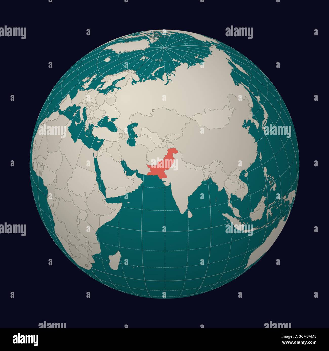 Repubblica Islamica del Pakistan sulla mappa. Globo centrato sul Pakistan. Posizione del paese sulla mappa del mondo. Tavolozza colori color Menta pallido. Illustrazione Vettoriale