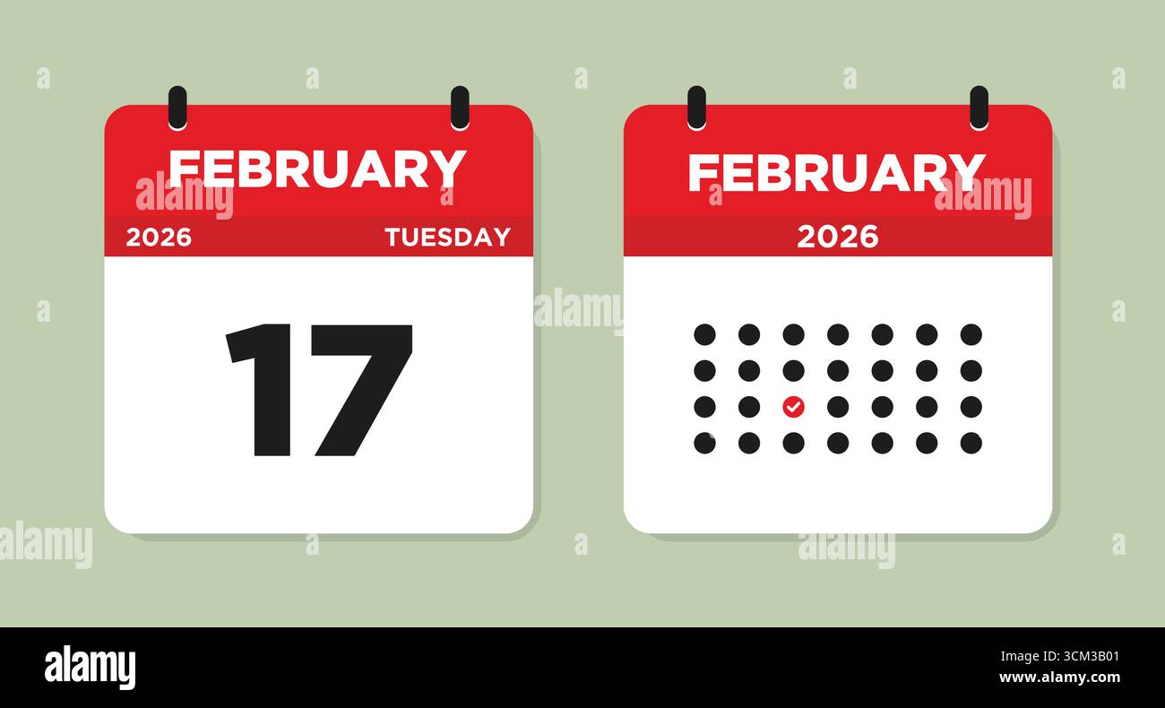 Febbraio 17 2026 pagina calendario martedì illustrazione vettore.17 pagina calendario febbraio. Calendario giornaliero con data 17 febbraio. Calendario dei giorni della lista di controllo. Illustrazione Vettoriale