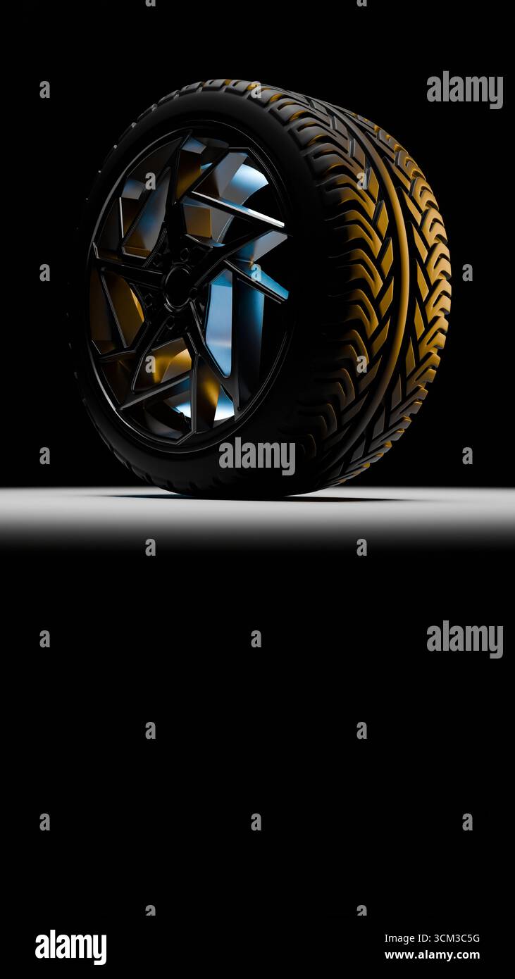 Il design degli pneumatici 3D, illuminato da dettagli blu e oro, si staglia in modo decisivo su un palco nero minimalista con spazio per il testo. Foto Stock
