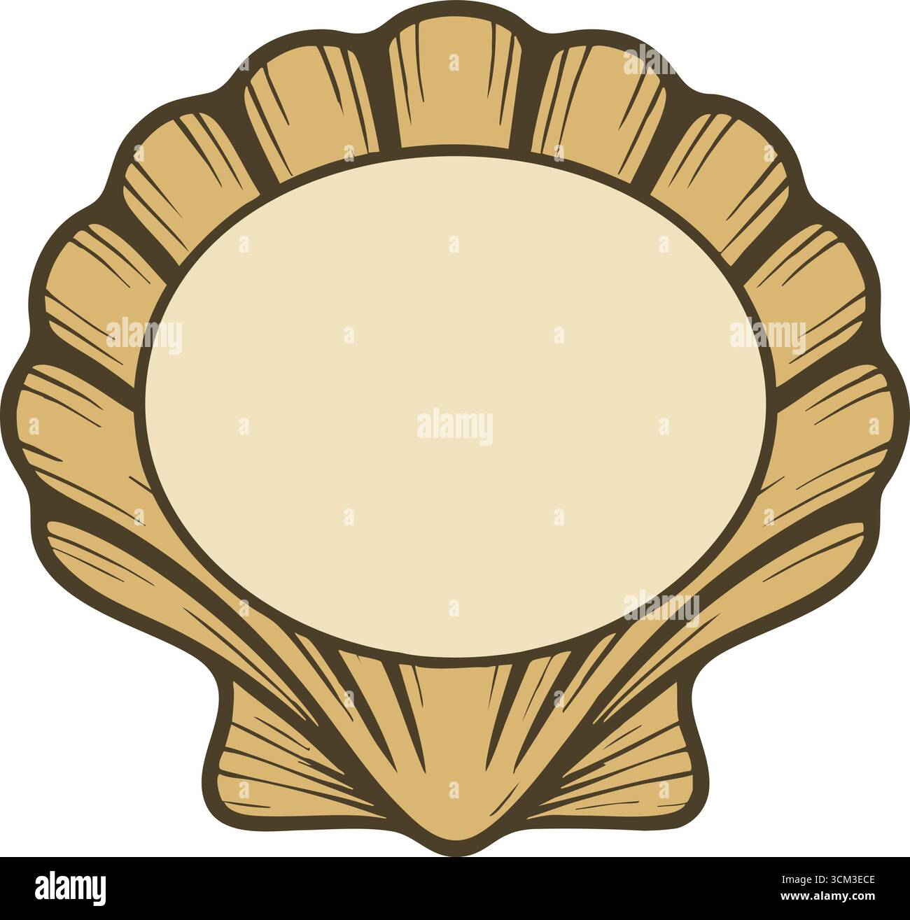 Una cornice in stile shell capesante con un pannello circolare liscio al centro pronto per il testo o un monogramma Illustrazione Vettoriale
